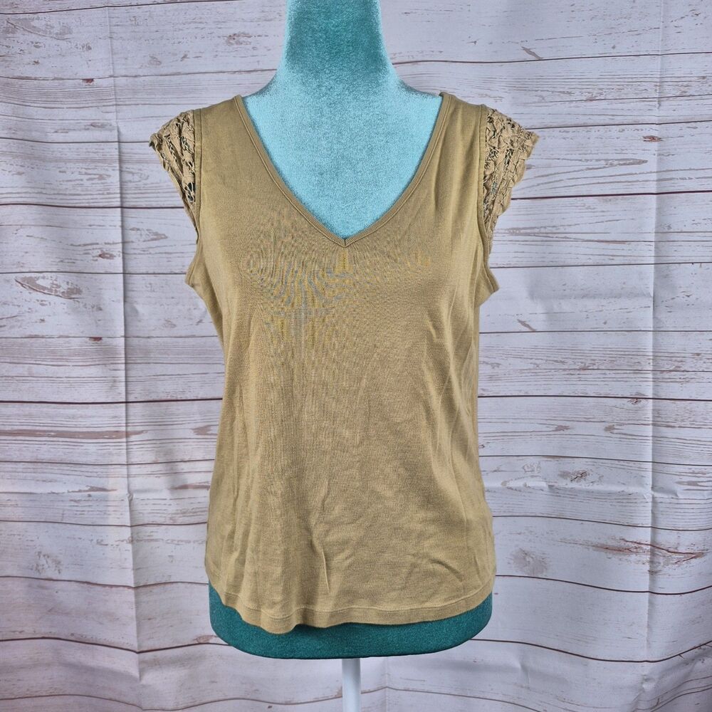 LRL Womens Size L/P Beige Tan Top Cotton Knit Crochet Cap Sleeve Minimalist